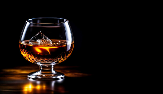 alcoholic drink with ice in a glass, whiskey, cognac, vodka. artificial intelligence generator, AI, neural network image. black background for the design.