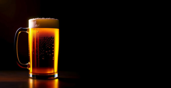 a mug of beer, an alcoholic drink. artificial intelligence generator, AI, neural network image. black background for the design.