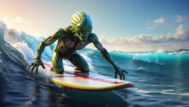An alien surfing with a surfboard.