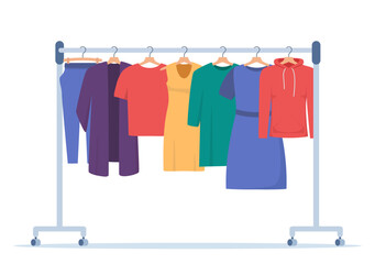 Clothes hang on a hanger. Fashion boutique, assortment showroom. Women's personal wardrobe, dressing room. Dress, tunic, blouse on hangers. Vector illustration.