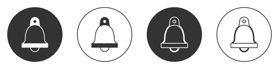 Black Church bell icon isolated on white background. Alarm symbol, service bell, handbell sign, notification symbol. Circle button. Vector - obrazy, fototapety, plakaty