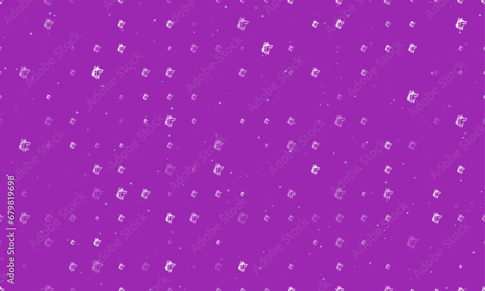 Poster seamless background pattern of evenly spaced white wolf heads of different sizes and opacity. vector