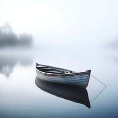 A lake on a morning with heavy fog an old wooden dinghy in the water-Ai generator	