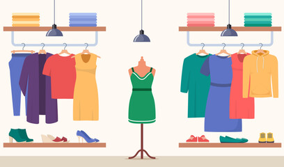 Clothing store. Clothes shop interior, boutique. Various women's and men's clothes on hangers, shoes on shelves, mannequin. Vector illustration.