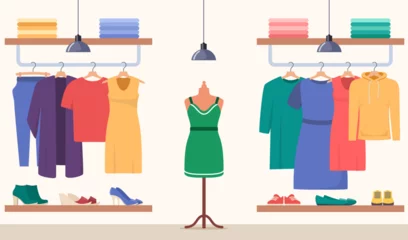 Fotobehang Clothing store. Clothes shop interior, boutique. Various women's and men's clothes on hangers, shoes on shelves, mannequin. Vector illustration. © Alena