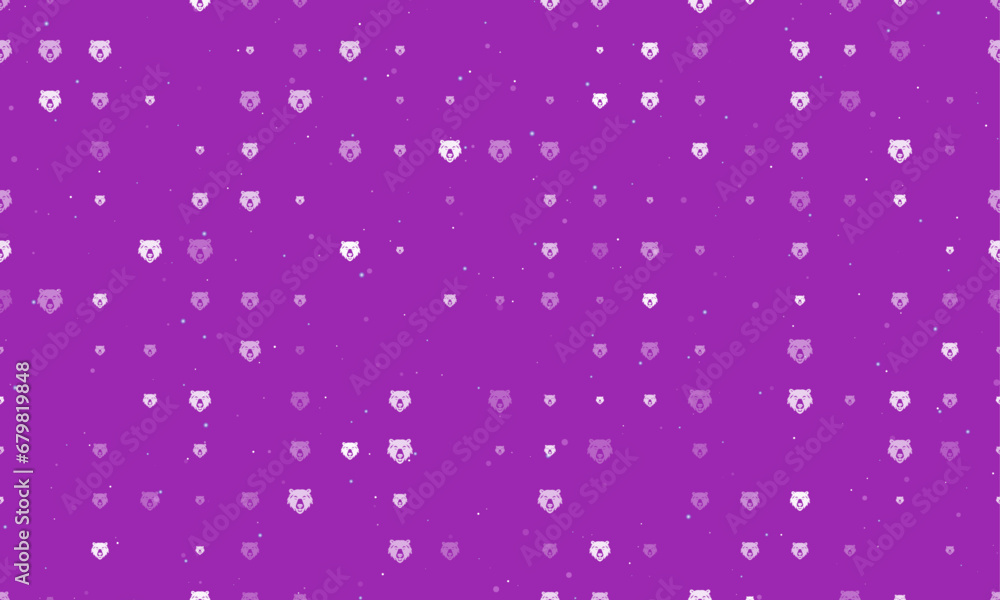 Poster seamless background pattern of evenly spaced white bear head symbols of different sizes and opacity.