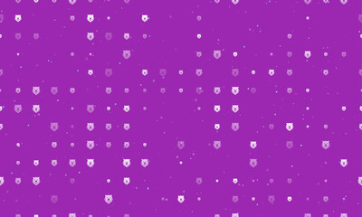 Seamless background pattern of evenly spaced white bear head icons of different sizes and opacity. Vector illustration on purple background with stars