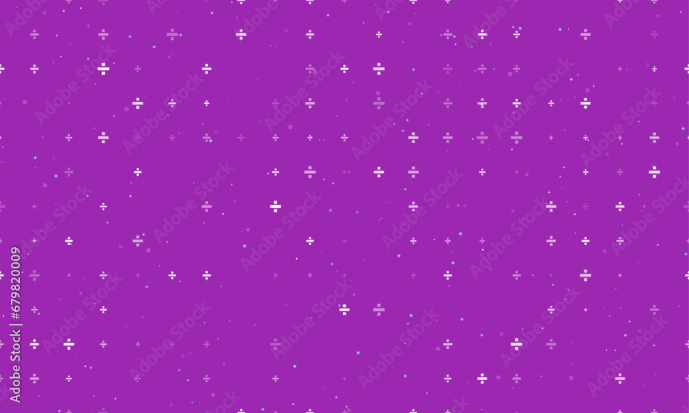 Poster seamless background pattern of evenly spaced white division symbols of different sizes and opacity. 