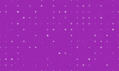 Seamless background pattern of evenly spaced white division symbols of different sizes and opacity. Vector illustration on purple background with stars