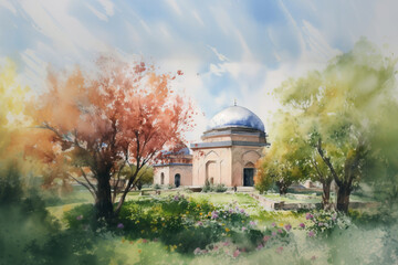 Uzbekistan in spring, watercolor. AI generative