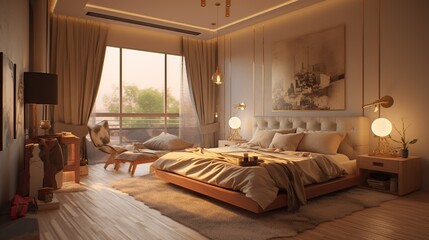 3d rendering of a bedroom interior with a window overlooking the city