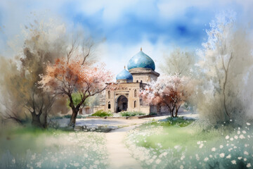 Fototapeta na wymiar Uzbekistan in spring, watercolor. AI generative