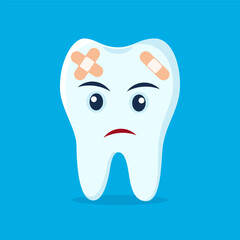 Aching tooth. Unhappy cute tooth character. Caries tooth. Dental personage for children dentistry. Oral hygiene, teeth cleaning. Vector illustration.