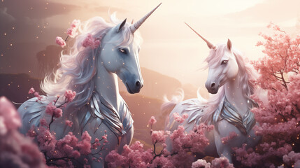 magical silver unicorns with long manes graze in a magical meadow of flowers. fantasy landscape. fairytale concept