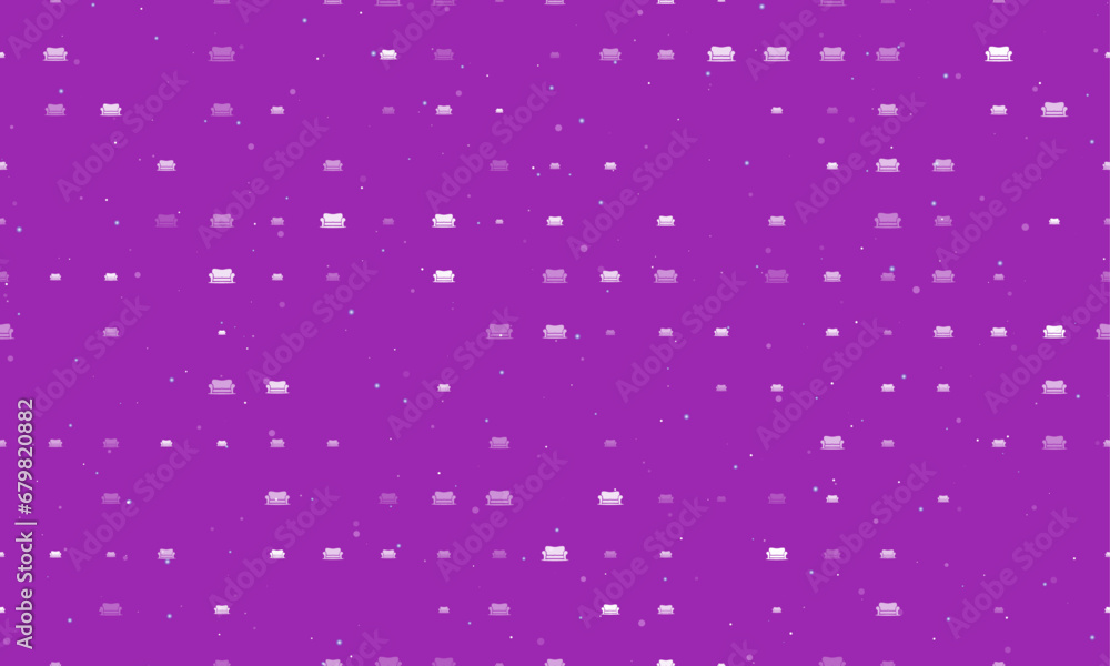 Poster seamless background pattern of evenly spaced white sofa symbols of different sizes and opacity. vect