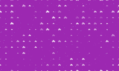 Seamless background pattern of evenly spaced white tractor icons of different sizes and opacity. Vector illustration on purple background with stars