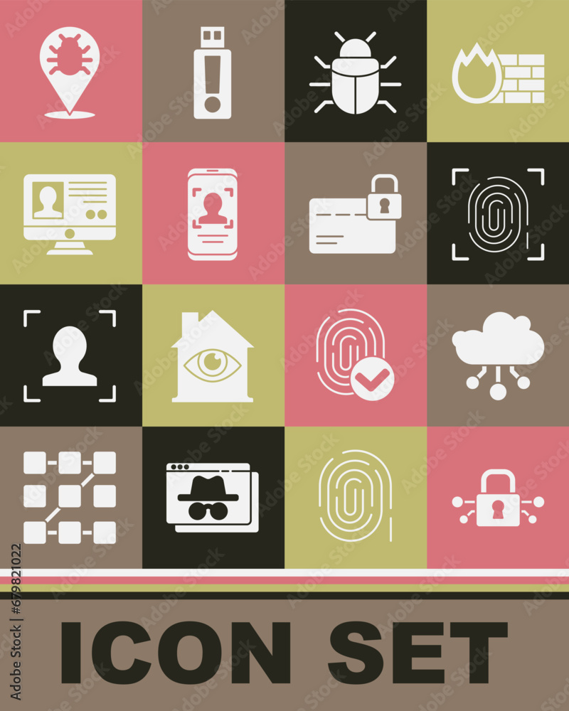 Poster set cyber security, internet of things, fingerprint, system bug, mobile and face recognition, create