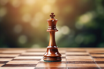 wallpaper of a chess monarch on the chessboard, blurred background and empty copy space