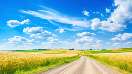 Fototapeta premium landscape with grain fields road and clouds