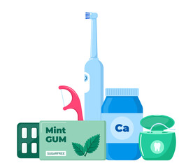 Tools and means for dental hygiene. Oral care and hygiene products. Vector illustration.