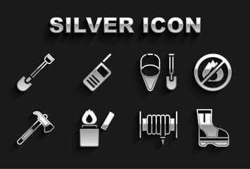 Obraz premium Set Lighter, No fire, Fire boots, hose reel, Firefighter axe, shovel and bucket, and Walkie talkie icon. Vector