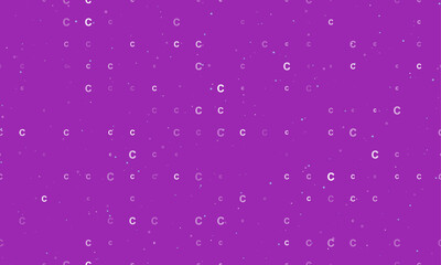 Seamless background pattern of evenly spaced white capital letter C symbols of different sizes and opacity. Vector illustration on purple background with stars