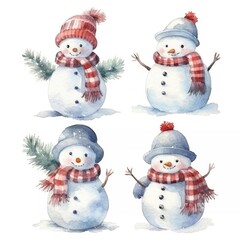 set snowman of watercolors on white background