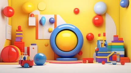 A playful, colorful logo for a childrena??s toy company, with primary colors, set against a backdrop of a children's playroom with soft, diffuse lighting.