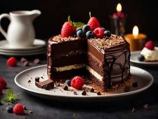A Slice of Indulgence: Decadent Chocolate Cake with a Tempting Slice Removed