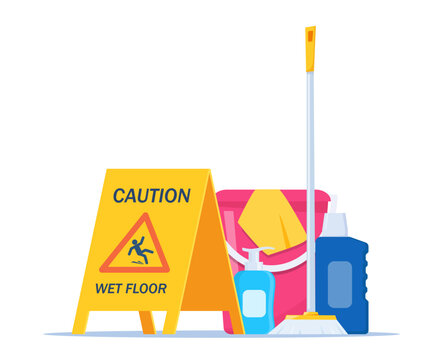 Wet floor warning sign. Yellow triangle with falling man. Cleaning service supplies. Disinfectant products with bucket, mop, detergent. Vector illustration.
