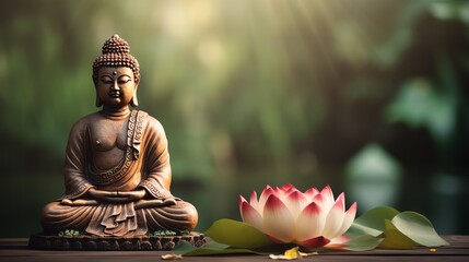 a statue of a buddha sitting on a table next to a flower