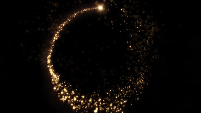 Loop animation of an elegant Christmas shooting star moving in circles with a tail of gold particles isolated on black background.