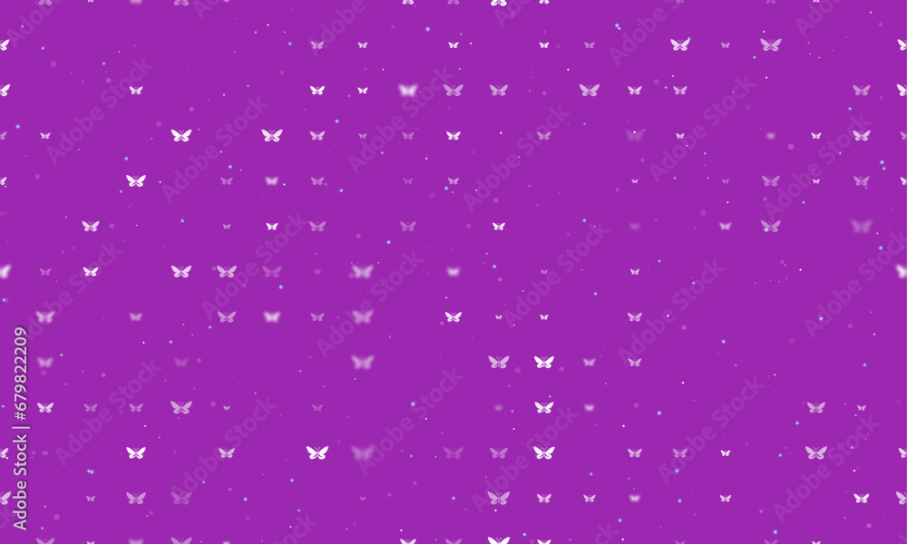 Poster seamless background pattern of evenly spaced white butterfly symbols of different sizes and opacity.