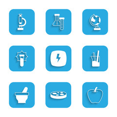 Set Lightning bolt, Petri dish with bacteria, Apple, Laboratory glassware, Mortar and pestle, Explosion the flask, Earth globe and Microscope icon. Vector