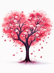 Fototapeta premium Vector illustration of love tree with heart shape in red and pink flowers on isolated background for Valentine's Day and other occasions, AI generator