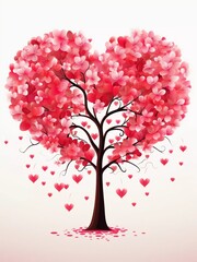 Fototapeta premium Vector illustration of love tree with heart shape in red and pink flowers on isolated background for Valentine's Day and other occasions, AI generator