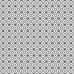 Seamless surface pattern with symmetric ornament. Black dashes, crosses and circles abstract on white background. Grid motif. Ethnic wallpaper. Digital paper for web design. Vector art illustration