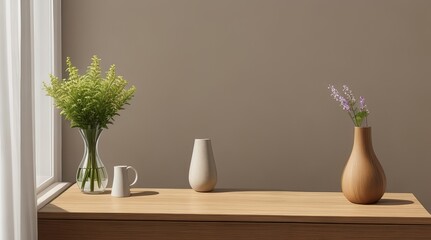  Home with Plants and Vases on Wooden Table in a Cozy, Elegant, and Minimalist Style