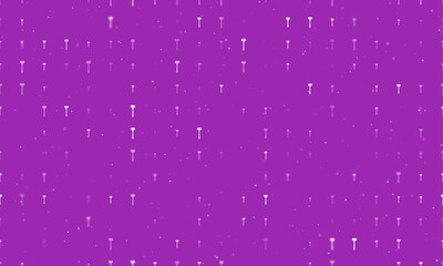 Seamless background pattern of evenly spaced white mallet symbols of different sizes and opacity. Vector illustration on purple background with stars