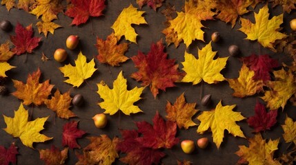 Naklejka na ściany i meble Autumn's Abundant Bounty: Leaves, Acorns, and Nature's Colors on a Dark Canvas