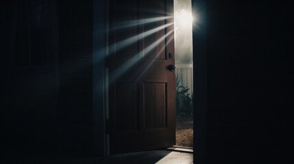 Bright Sunny weather is outside in the summer, warm gentle sun rays penetrate all the cracks and doors to the black room and illuminate the room, the door is almost open for entry - obrazy, fototapety, plakaty