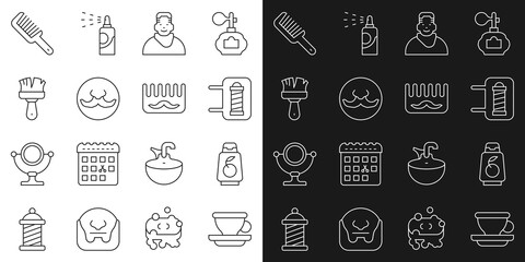 Set line Coffee cup, Bottle shampoo, Barber shop pole, Client in barbershop, Mustache, Shaving brush, Hairbrush and icon. Vector