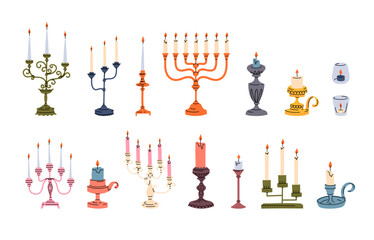 Vector hand drawn vintage candlesticks set in primitive style. Hanukkah menorah, single and multiple candle holders in baroque, middle ages, modern style with candles