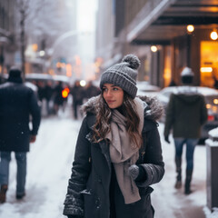 Dziewczyna ubrana w zimową kurtkę i czapkę z pomponem na zaśnieżonej ulicy w mieście - obrazy, fototapety, plakaty