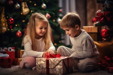 Fototapeta na wymiar Little girl and boy unpacking gifts under the Christmas tree