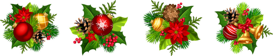 Christmas decorations with red and gold Christmas balls, fir branches, pinecones, poinsettia flowers, and holly isolated on a white background. Set of vector illustrations - obrazy, fototapety, plakaty