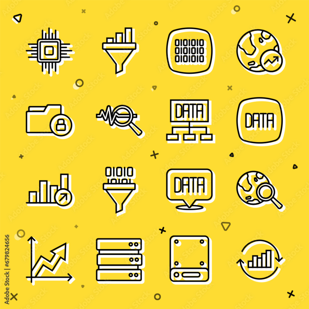 Poster set line pie chart infographic, search globe, data analysis, binary code, data, folder and lock, pro