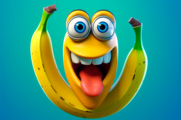 Bunch of bananas on blue background. Good morning. Cute cartoon character tropical fruit with eyes. Banana Day. Funny illustration for children's menu, website, advert, blog, kid friendly food.