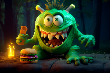 Funny creature eats a burger. Funny green monster eating a hamburger. Diet violations, night...