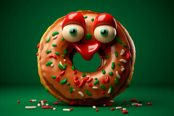 Strange donut. Chocolate doughnut with Christmas sprinkles. Cartoon monster treat in the style of winter holidays. Template for New Year menu, cafe, bakery, advertising, event.